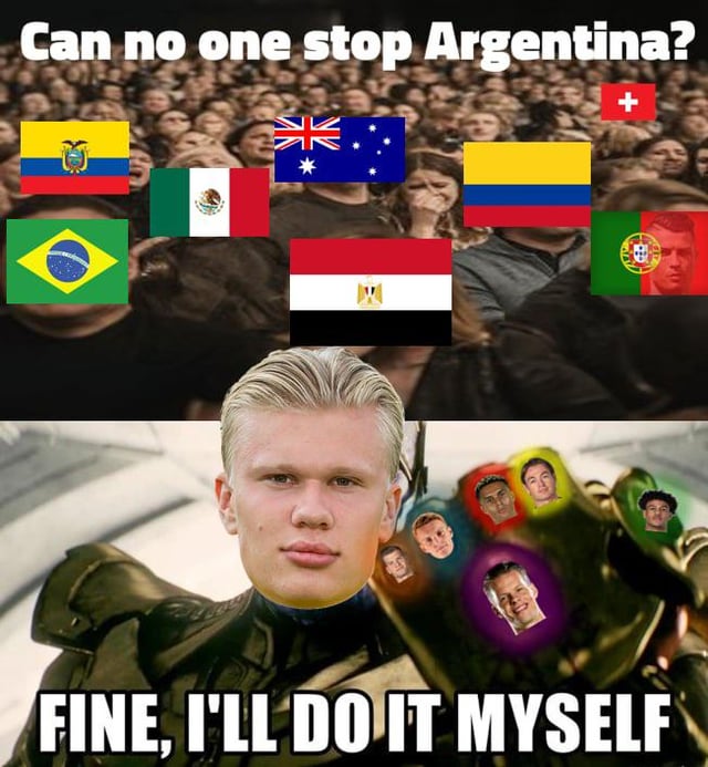 This is a two-panel edited sports meme referencing international men's football. The top panel displays the text "Can no one stop Argentina?" above a crowd of onlookers, with national flags of other competitive football nations (including Brazil, Mexico, Australia, Egypt, Portugal, Colombia, Switzerland, and Ecuador) edited over their faces to represent these teams appearing powerless to defeat the currently dominant Argentina national football squad. The bottom panel uses the viral Marvel "Fine, I'll do it myself" Thanos template, where Thanos' face is replaced with that of star Norwegian striker Erling Haaland, with the faces of other Norwegian national team players edited to appear as his army behind him, paired with the text "FINE, I'LL DO IT MYSELF" at the bottom, jokingly implying Haaland and the Norway team will be the ones to end Argentina's winning streak.