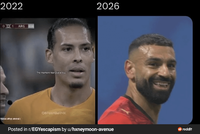 This is a two-panel side-by-side comparison meme. The left panel is marked with the year 2022, featuring Dutch professional football player Virgil van Dijk with a stunned, dejected expression, taken during the 2022 FIFA World Cup quarterfinal match between the Netherlands and Argentina that the Netherlands lost; text overlay on this panel reads 'The moment Van Dijk knew', and a score overlay showing Argentina leading 1-0 is visible in the top left. The right panel is marked with the year 2026, featuring Egyptian professional football player Mohamed Salah grinning happily, taken after the Egyptian national team qualified for the 2026 FIFA World Cup. The meme contrasts the disappointment of a 2022 World Cup elimination with the joy of 2026 World Cup qualification for Egyptian audiences.