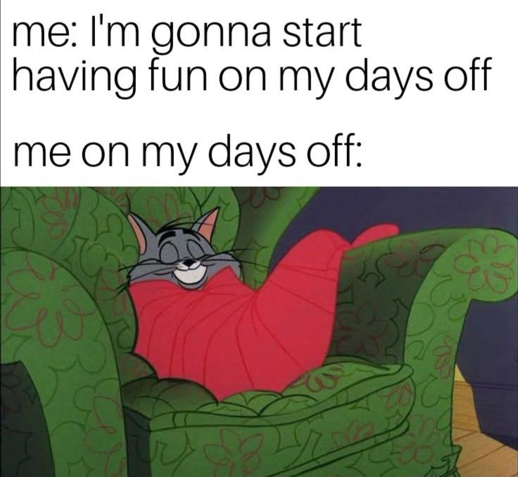 This is a relatable two-part meme. The top section has text that reads: 'me: I'm gonna start having fun on my days off' followed by 'me on my days off:'. The bottom section displays a still from the classic animated series *Tom and Jerry*, showing the character Tom the cat curled up comfortably in a green, floral-patterned armchair, wrapped in a red blanket, with a content, sleepy smile on his face. The meme humorously highlights the universal, relatable contrast between the initial excitement and plans for fun on days off, versus the actual reality of choosing to spend the time resting lazily. The joke resonates with many people who have experienced this common daily life contradiction between intention and action.