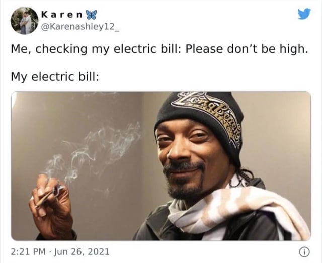 This is a screenshot of a 2021 Twitter post that functions as a pun-based relatable meme. The post text reads 'Me, checking my electric bill: Please don’t be high. My electric bill:' followed by a photograph of famous rapper Snoop Dogg holding a lit cannabis joint, smirking, with visible smoke surrounding him. The joke relies on the double meaning of the word 'high': the user hopes their electric bill will not be high (expensive), and Snoop Dogg is famously associated with being high (intoxicated by cannabis), implying the bill is indeed very costly as the user feared.