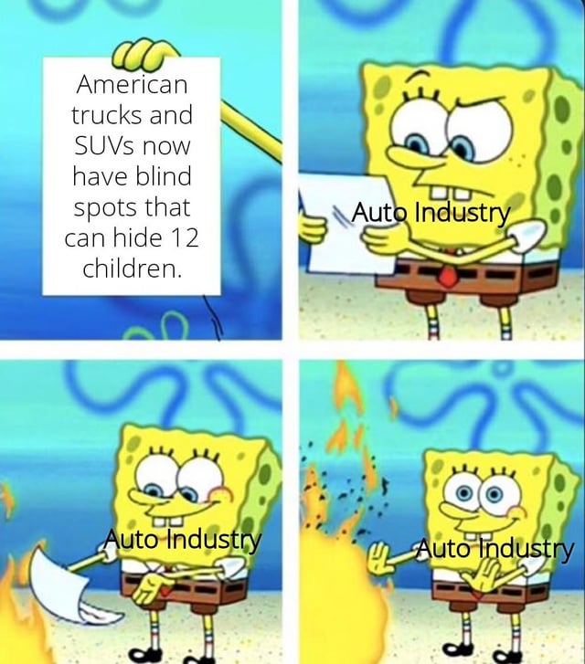 A four-panel meme using SpongeBob SquarePants to satirize the auto industry's handling of blind spots in American trucks and SUVs. The first panel shows text stating, 'American trucks and SUVs now have blind spots that can hide 12 children.' The second panel depicts SpongeBob holding a paper labeled 'Auto Industry.' In the third panel, SpongeBob (labeled 'Auto Industry') holds an axe, seemingly preparing to destroy the paper. The fourth panel shows SpongeBob (still labeled 'Auto Industry') standing beside a fire, appearing satisfied as the paper burns. The meme critiques the auto industry for prioritizing vehicle size over safety, using SpongeBob's actions to symbolize the industry's dismissal of the blind spot issue.