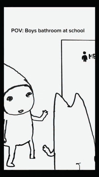 This is a simple black and white hand-drawn single-panel meme. The top of the image carries the text 'POV: Boys bathroom at school'. A crudely drawn cartoon character with a deadpan, slightly confused expression stands outside a boys' bathroom marked with a male gender icon, gesturing with one hand toward the bathroom door. A single leg sticks out from behind the half-open bathroom door, implying that a fight or other mischief is occurring inside the space instead of it being used for its intended restroom purpose, which delivers the punchline that the boys' bathroom at school is not functionally a bathroom at all. It jokes about the widely shared stereotype that K-12 school boys' bathrooms are common sites for fights, loitering, and other unrelated non-restroom activities.