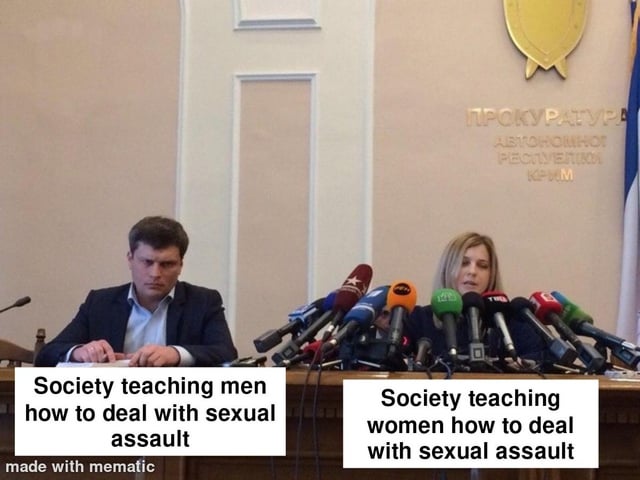 This is a single-panel social commentary meme that uses an existing press conference photograph. On the left, a male official sits at the table with barely any microphones, labeled 'Society teaching men how to deal with sexual assault'. On the right, a female official is completely surrounded by dozens of media microphones, labeled 'Society teaching women how to deal with sexual assault'. The visual contrast critiques the common societal pattern of placing almost all responsibility for preventing sexual assault on women who could be victims, while devoting very little attention to teaching men not to commit sexual assault.