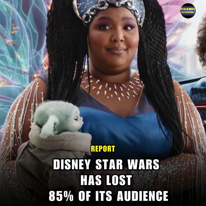 The meme uses a screenshot from Season 3 of Disney's Star Wars series *The Mandalorian*, showing musician and actress Lizzo in her cameo role as the Duchess of Plazir-15 holding Grogu, popularly known as Baby Yoda. Overlaid text at the bottom reads 'REPORT' in yellow bold text, followed by 'DISNEY STAR WARS HAS LOST 85% OF ITS AUDIENCE' in large white bold font. Paired with the original post title 'I wonder why', the meme makes a sarcastic critical joke implying that unpopular creative choices such as Lizzo's cameo casting are responsible for the reported steep drop in viewership for Disney's Star Wars content, a common talking point among disappointed long-term Star Wars fans. A 'COSMIC BOOK NEWS' watermark is present in the top right corner of the image.