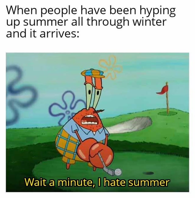 This meme uses a reaction still of Mr. Krabs from the animated series SpongeBob SquarePants to illustrate a relatable seasonal experience. The top text sets up the common scenario: people spend all of winter excitedly hyping up and looking forward to summer, only for the punchline in the bottom text over the visibly frustrated Mr. Krabs to reveal the unexpected realization 'Wait a minute, I hate summer', which aligns with the title that winter suddenly seems much more appealing once the unpleasant parts of summer actually arrive.