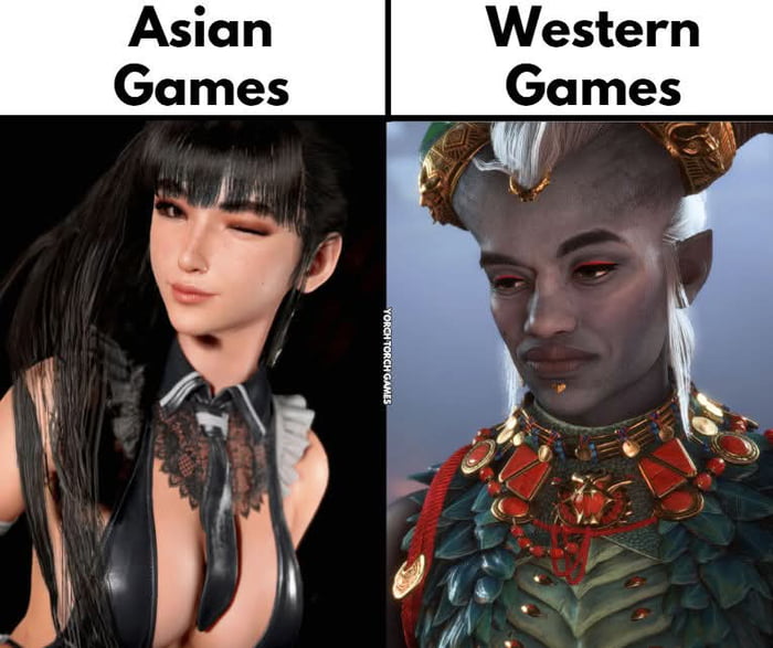 A two-panel comparison meme contrasting 'Asian Games' and 'Western Games' through character design. The left panel, labeled 'Asian Games', features a female animated character with long black hair, a black leather outfit adorned with a lace collar, and a confident expression with a slight smirk. The right panel, labeled 'Western Games', depicts a non-human animated character with gray skin, white hair, pointed elf-like ears, and elaborate gold and red jewelry, conveying a serious and regal demeanor. The meme humorously highlights stylistic differences in character portrayal between Asian and Western video games.