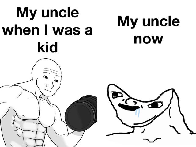 This is a two-panel comparative meme. The left panel is captioned 'My uncle when I was a kid', featuring a muscular, buff Wojak character holding a dumbbell, appearing strong, cool, and admirable as a role model for the poster during childhood. The right panel is captioned 'My uncle now', featuring a disheveled, dazed Wojak character with a silly grin and drool dripping from his mouth, looking worn out and far from his formerly impressive self. The joke plays on the relatable nostalgic experience of looking up to an older family member as a child, only to see them age and become much more unremarkable or worn over time.