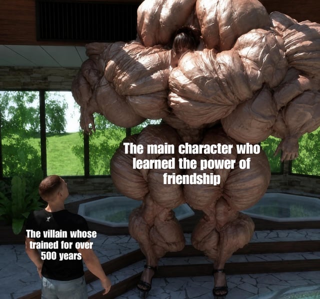 This is a single panel satirical meme depicting two 3D rendered characters. A normal-sized, average build man labeled 'The villain whose trained for over 500 years' stands looking up in apparent shock at an impossibly large, absurdly overmuscled humanoid figure that towers over him, labeled 'The main character who learned the power of friendship'. The joke parodies the extremely common trope in shonen anime and media where protagonists gain far more power from their bonds with friends (the 'make friends' side quest referenced in the title) than villains can gain from centuries of solo training, resulting in a completely unbalanced power dynamic.