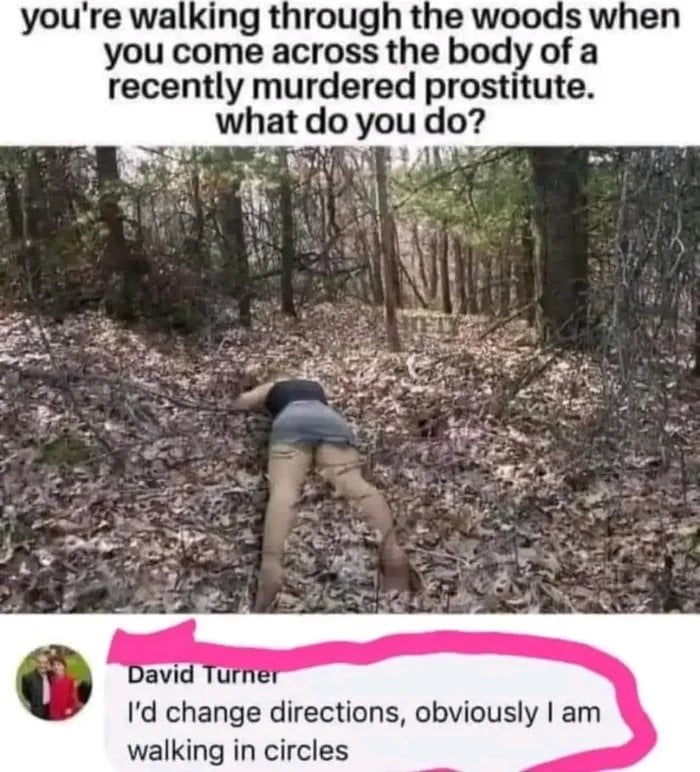 This is a viral dark humor meme that opens with a hypothetical scenario at the top: you are walking through the woods and find the body of a recently murdered sex worker lying face-down on leaf-covered ground, and the meme asks what you would do. A screenshot of a comment from user David Turner at the bottom gives the pun punchline: "I'd change directions, obviously I am walking in circles". The joke relies on a sexual double entendre: it plays on two meanings of "walking in circles" -- the innocent meaning of being lost while hiking in a loop, and a vulgar sexual pun referencing the body's pose, implying the commenter was already having sex with the woman before she died, so he was already "walking in circles" behind her.