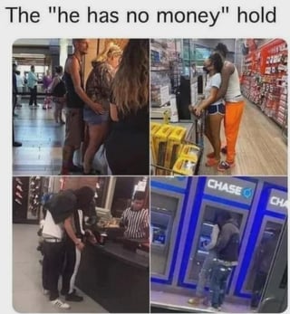 A 4-panel collage meme titled 'The 'he has no money' hold' depicting a couple in various everyday settings (likely a store, checkout area, and in front of a Chase ATM) engaging in an affectionate, close physical hold. The panels collectively convey the theme that love and emotional support serve as 'currency' when financial resources are lacking, emphasizing relational connection over material wealth. Each panel shows the couple standing closely, with the male partner possibly in situations indicating financial constraint (e.g., checking an ATM), while both maintain a supportive, loving posture.