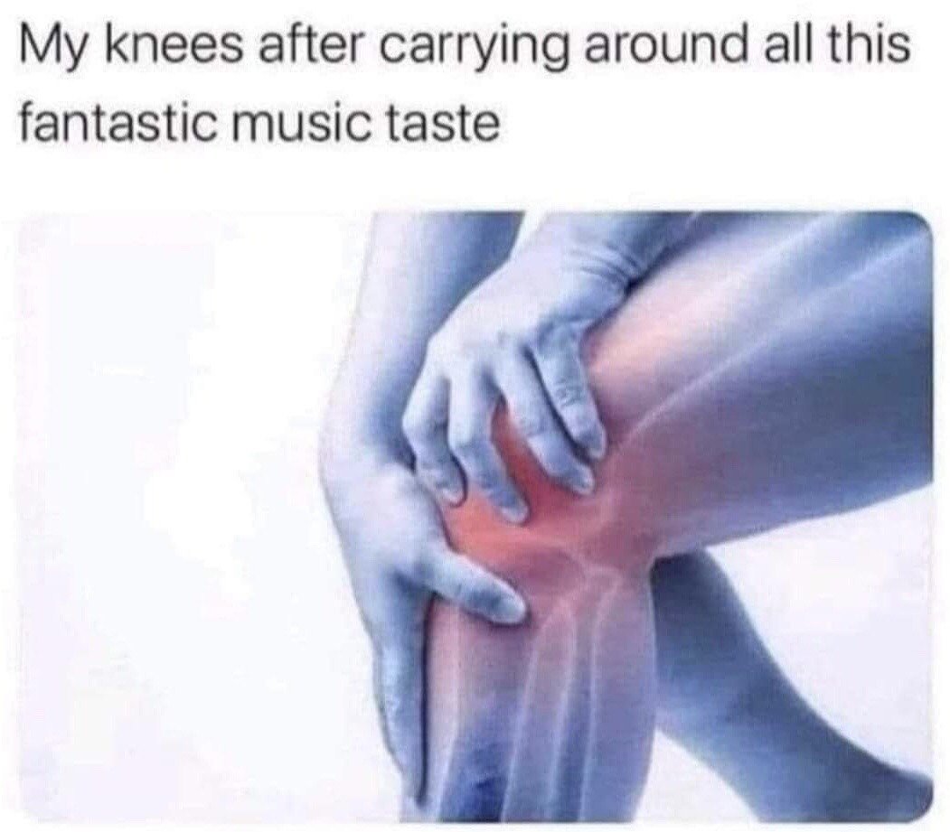 The meme features top text that reads 'My knees after carrying around all this fantastic music taste' placed above a common medical-style illustration. The illustration shows two hands clutching a knee, with the knee area highlighted red to indicate soreness or injury. The humor comes from a playful exaggeration: the poster jokes that having exceptional taste in music is such a heavy, burdensome trait that it causes physical knee pain, functioning as a lighthearted brag about the creator's good music preferences.