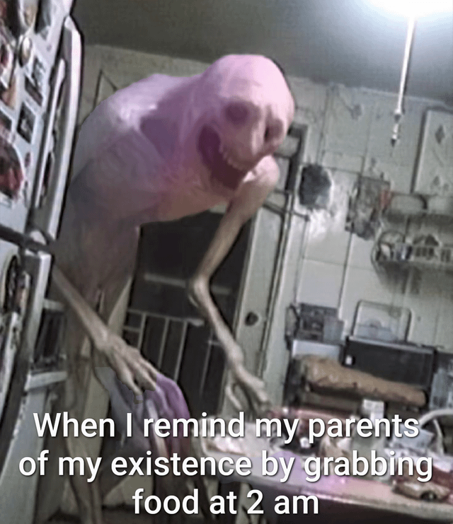 The image depicts a tall, pale, humanoid creature with elongated limbs, sharp teeth, and a menacing open-mouthed grin standing in a cluttered kitchen. The creature appears to be leaning forward, as if reaching for food. Below the creature, there is a caption that reads: 'When I remind my parents of my existence by grabbing food at 2 am'. The kitchen setting includes worn tiles, a stove, and various scattered items, contributing to a messy, lived-in atmosphere. The humor arises from the relatable scenario of late-night snacking framed through an exaggerated, spooky creature metaphor, highlighting the awkwardness of being noticed by parents while sneaking food at night.