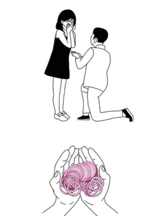 The meme consists of two main visual elements. The top section depicts a black-and-white illustration of a man kneeling on one knee, seemingly proposing to a woman standing in front of him. The woman has her hands covering her face, appearing emotional. The bottom section shows a close-up of two hands捧着 a pile of pink onion rings. The humor lies in the implied substitution of an engagement ring with onion rings—playing on the double meaning of the woman's tears (onions cause crying, mimicking emotional tears from a proposal), aligning with the title 'It’s not expensive, but it works!'