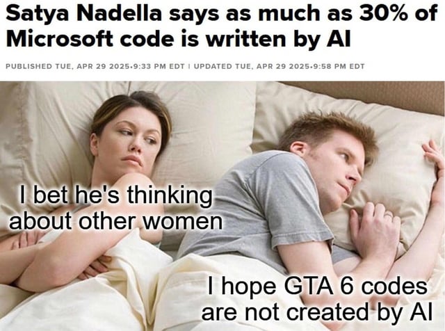 A meme combining a news headline with a popular 'bedroom thoughts' template. The top section features a headline: 'Satya Nadella says as much as 30% of Microsoft code is written by AI' with a published date of April 29, 2025. Below is an image of a man and woman lying in bed. The woman (left) has a thought bubble: 'I bet he's thinking about other women' (a reference to the classic meme template where a partner assumes the other is distracted by someone else). The man (right) has a thought bubble: 'I hope GTA 6 codes are not created by AI', subverting the template by revealing his actual concern is about AI being used in the development of the upcoming game GTA 6. The humor arises from the contrast between the woman's assumption and the man's tech/gaming-focused worry, satirizing both relationship insecurities and concerns about AI in creative/technical fields.
