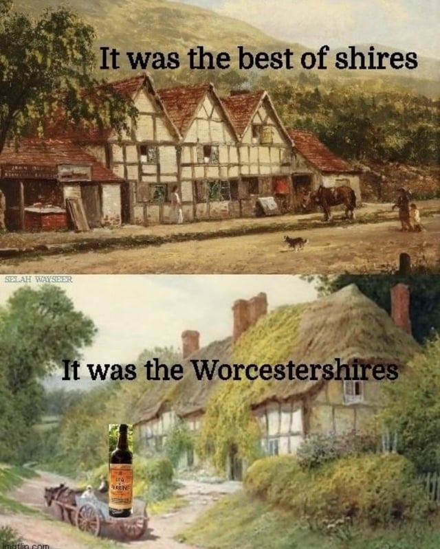 This two-panel meme uses a homophone pun based on the famous opening line of Charles Dickens' *A Tale of Two Cities*, which originally begins "It was the best of times, it was the worst of times". The top panel features a traditional 19th-century-style oil painting of an English rural village with half-timbered cottages, overlaid with the text "It was the best of shires" -- "shires" refers to the rural counties of England, and replaces "times" from the original quote. The bottom panel features another similar traditional English countryside painting, overlaid with the text "It was the Worcestershires", a pun that sounds nearly identical to "the worst of times" from the original line, referencing Worcestershire, an English county famous for Worcestershire sauce. A bottle of Worcestershire sauce is edited into the horse-drawn cart in the bottom panel to emphasize the joke. The original title of the meme was "Twas the worst".
