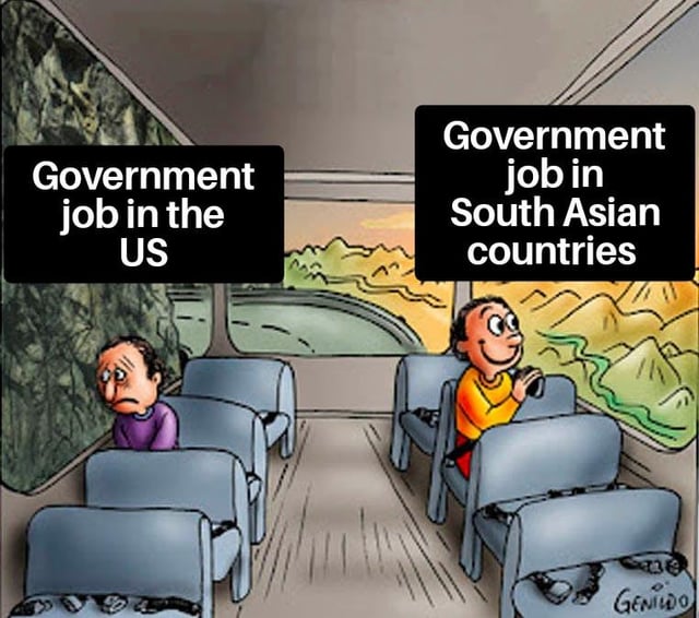 This comparison meme uses the popular 'two men sitting on opposite sides of a train looking out different windows' template to contrast common perceptions of government jobs in the United States versus South Asian countries. The man on the left, whose window is labeled 'Government job in the US', looks out at dark, rocky terrain and has a stressed, unhappy, worried expression. The man on the right, whose window is labeled 'Government job in South Asian countries', looks out at bright, scenic green mountains and has a happy, relaxed, content expression, highlighting how much more desirable and secure government employment is widely considered to be in South Asia compared to the United States.