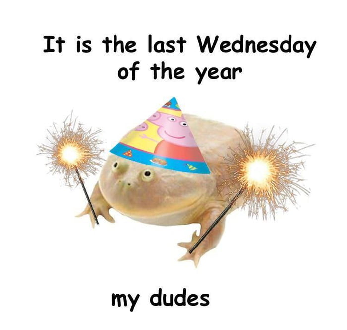 A lighthearted meme featuring a frog or toad wearing a colorful Peppa Pig-themed party hat, holding a lit sparkler in each of its front legs. The image has two lines of text: 'It is the last Wednesday of the year' at the top and 'my dudes' at the bottom, combining to form a playful message marking the end-of-year occasion. The frog's calm expression paired with the festive elements (party hat, sparklers) creates a humorous and wholesome celebratory vibe.