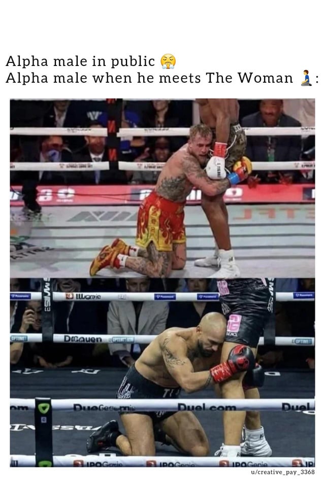 A two-panel meme contrasting the behavior of an 'alpha male' in public versus when meeting 'The Woman'. The top panel, labeled 'Alpha male in public 😤', shows a tattooed male boxer in red and yellow shorts kneeling in a boxing ring, tightly hugging another boxer's leg. The bottom panel, labeled 'Alpha male when he meets The Woman 🙇‍♂️', depicts a bald male boxer in black shorts in an identical kneeling and leg-hugging pose. The humor stems from the satirical contrast between the stereotypical 'tough' alpha male persona and submissive behavior when encountering a significant woman.