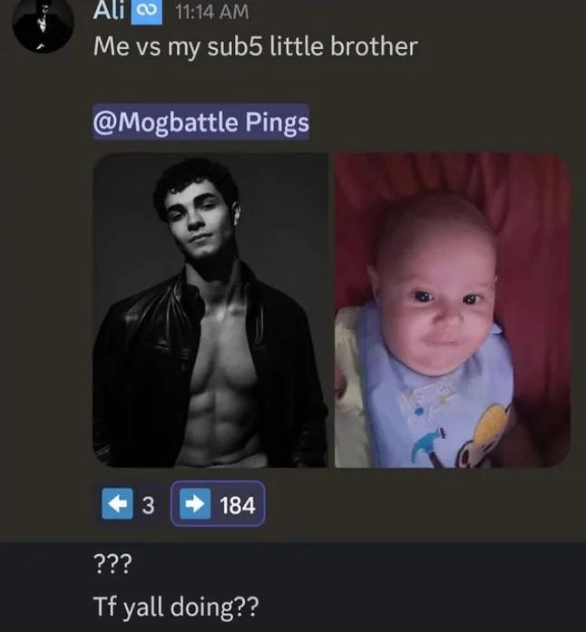A social media post by user 'Ali' (timestamped 11:14 AM) featuring a side-by-side comparison titled 'Me vs my sub5 little brother'. The left image is a black-and-white photo of a muscular individual wearing an open leather jacket, presenting a confident stance. The right image is a color photo of a baby lying on a red blanket, dressed in a blue onesie with cartoon designs. Below the images are interaction buttons showing '3' and '184' (likely likes/reactions), followed by the text '??? Tf yall doing???' expressing confusion or amusement at the reactions. The post includes a mention of '@Mogbattle Pings'.