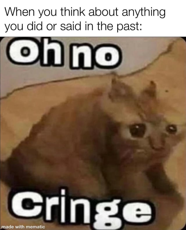 A meme featuring a top text overlay that reads 'When you think about anything you did or said in the past:' followed by an image of a small, brown cat with wide, startled eyes. The cat is positioned centrally, with large, bold text above it reading 'Oh no' and below it reading 'Cringe.' The combination humorously captures the universal feeling of embarrassment when recalling past awkward actions or statements. A 'made with mematic' watermark is visible in the bottom left corner, indicating the meme was created using the Mematic mobile app.