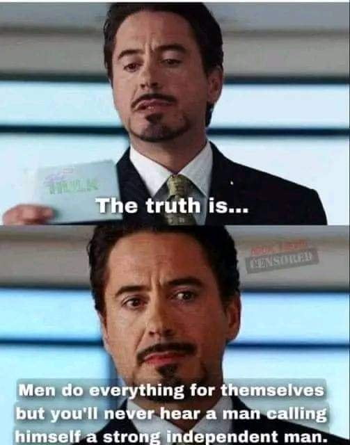This is a two-panel reaction meme featuring actor Robert Downey Jr. in his role as Tony Stark from the Marvel Cinematic Universe Iron Man films. The top panel shows him standing at a podium, looking down as if preparing to share a revelation, with overlaid text reading 'The truth is...'. The bottom panel is a close-up of his serious, deadpan face, with overlaid text stating 'Men do everything for themselves but you'll never hear a man calling himself a strong independent man.' The joke highlights a perceived social double standard, pointing out that the phrase 'strong independent woman' is widely used to describe self-sufficient women, while men who behave in similarly self-reliant ways never use an equivalent gendered phrase to describe themselves.