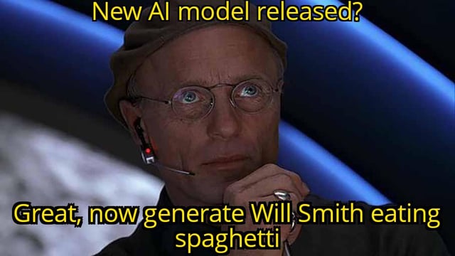 This meme uses a screenshot of Christof, the controlling director character from the 1998 film *The Truman Show* (portrayed by Ed Harris), who has an intense, focused expression while resting his chin on his hand. The top text asks, "New AI model released?" and the bottom text delivers a satirical follow-up: "Great, now generate Will Smith eating spaghetti". It humorously satirizes the common internet behavior of immediately asking generative AI models to create absurd, trivial, and random content—rather than using them for practical or productive purposes—whenever a new AI tool launches. The character's authoritative, monitoring posture plays into the idea of directing an AI to fulfill these silly requests.