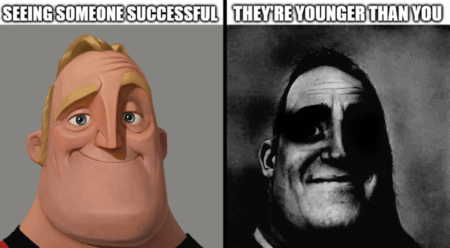 This is a two-panel meme using the popular 'Mr. Incredible Becoming Uncanny' format. The left panel features a normal, well-lit, smiling animated depiction of Bob Parr (Mr. Incredible from Pixar's The Incredibles) paired with the header text 'SEEING SOMEONE SUCCESSFUL', conveying a positive, impressed reaction. The right panel shows a distorted, high-contrast black and white uncanny version of Mr. Incredible with shadow-obscured eyes and a strained, unsettling smile, paired with the header text 'THEY'RE YOUNGER THAN YOU'. The meme humorously captures the common demoralizing, existentially uncomfortable feeling of encountering people who have achieved greater success than you despite being younger, prompting the question of whether this realization is motivating or purely depressing.