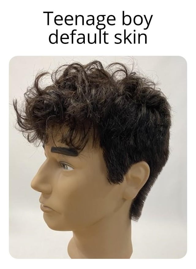 The image features a mannequin head with a messy, curly brown wig. At the top of the image, the text 'Teenage boy default skin' is displayed prominently. The meme humorously compares the generic, unpolished appearance of the mannequin's wig to the default character skins in video games that players use when they cannot afford premium skins (battle pass), referencing the original Reddit title 'Guess they are too broke to buy the battle pass'.
