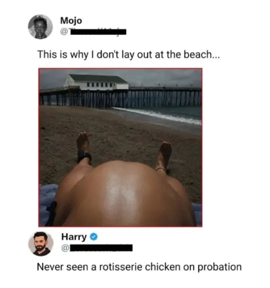 This meme is a screenshot of two public posts from X (formerly Twitter). The first post is from user Mojo, who writes "This is why I don't lay out at the beach..." alongside a first-person perspective photo taken while lying face-down on a beach: the user's bare, tanned, rounded back in the foreground creates a visual gag where it strongly resembles a whole rotisserie chicken from this angle, with their legs looking like the chicken's lower extremities. The second post is a verified reply from user Harry, who makes the joke "Never seen a rotisserie chicken on probation", leaning into the visual similarity for lighthearted comedic effect.