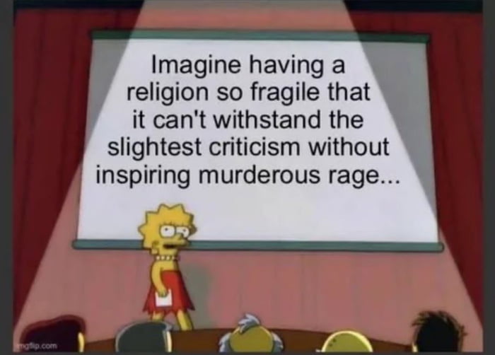 This meme uses the popular Lisa Simpson presentation template from *The Simpsons* to deliver social commentary about intolerant religious groups. Lisa Simpson stands on stage in front of a projection screen with the core message: that some religions are so fragile they react with murderous rage to even the slightest criticism. This matches the original post's title 'They are peaceful, as long as you do exactly as they say', pointing out that these groups are only peaceful when people fully comply with their demands, and respond with extreme anger or violence to any questioning.