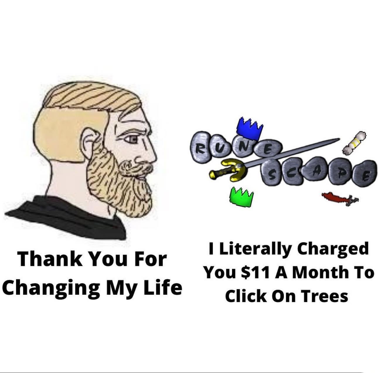 A meme featuring a drawing of a bearded man with text expressing gratitude ('Thank You For Changing My Life') alongside a Runescape logo made of stones with a sword through it, crowns, and critical text ('I Literally Charged You $11 A Month To Click On Trees'). The meme humorously critiques Runescape's subscription model by contrasting emotional gratitude with the perceived simplicity of the gameplay mechanics.