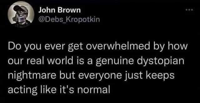 This image is a screenshot of a public post from the X (formerly Twitter) platform. It shows a post by user John Brown, whose handle is @Debs_Kropotkin, alongside their stylized profile picture of a person wearing a hat and face covering. The post's text poses a rhetorical question asking if the viewer ever feels overwhelmed by the realization that the real world operates as a genuine dystopian nightmare, while the majority of people act as if this state of affairs is completely normal and unremarkable.