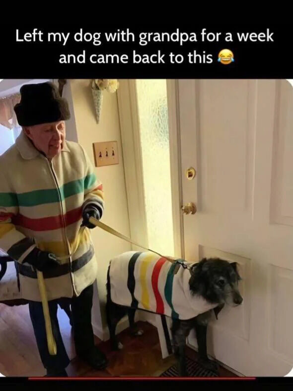 A humorous photograph depicting an elderly man (presumed to be the 'grandpa' from the caption) and a dog standing indoors near a white door. Both are wearing nearly identical white jackets with horizontal stripes in red, green, and yellow. The man, dressed in black gloves and a dark hat, holds a yellow leash attached to the dog, which stands calmly beside him. Above the image, a caption reads: 'Left my dog with grandpa for a week and came back to this 😂', conveying the owner's amused reaction to the matching outfits. The background includes wooden flooring, a light switch panel, and a decorative wall hanging, suggesting a home setting.