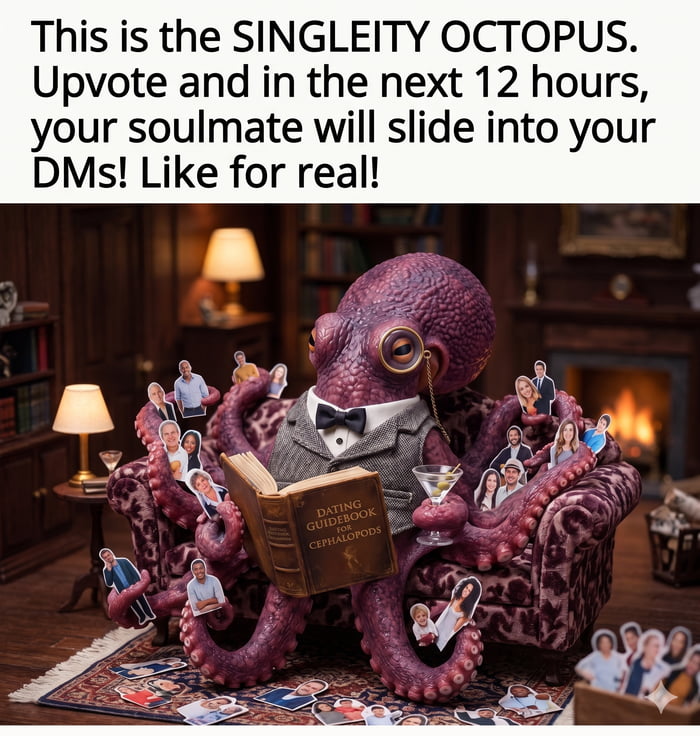 The meme consists of text at the top followed by an AI-generated visual. The top text reads: 'This is the SINGLEITY OCTOPUS. Upvote and in the next 12 hours, your soulmate will slide into your DMs! Like for real!'. The image below shows an anthropomorphic purple octopus wearing a monocle, white dress shirt, black bow tie, and grey tweed vest, sitting comfortably in a plush leopard-print armchair in a warm, cozy wood-paneled study with a lit fireplace, table lamps, and bookshelves in the background. The octopus holds a book titled 'DATING GUIDEBOOK FOR CEPHALOPODS' in one tentacle, a martini glass in another, and uses its remaining tentacles to hold small cutout photographs of various people. More cutout photos of people are scattered across the patterned rug under the armchair. It is a lighthearted engagement bait meme promising relationship good luck to users who interact with the post.