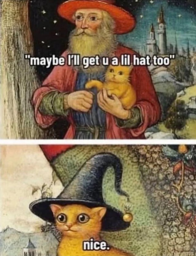 This two-panel meme uses adapted medieval-style artwork for a wholesome, understated joke. The top panel depicts an elderly wizard in a red hat and robe holding a small orange tabby cat, paired with the caption: 'maybe I'll get u a lil hat too'. The bottom panel shows the same orange cat now wearing a large, pointed wizard hat (matching the wizard's aesthetic), with the deadpan caption 'nice.'. The humor stems from the satisfying payoff of the wizard keeping his casual promise, the cat's relatable, low-key reaction, and the funny contrast between the formal, old-fashioned art style and the modern, casual internet slang dialogue. It's a feel-good meme that leans into the popularity of wholesome, low-stakes content online.