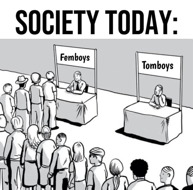 A black-and-white cartoon meme titled 'SOCIETY TODAY:' depicting two booths labeled 'Femboys' and 'Tomboy'. The 'Femboys' booth has a large crowd of people waiting in line, while the 'Tomboy' booth is completely empty, with the attendant sitting alone looking sad and dejected. The image satirizes societal attention disparity between the two gender-related terms.