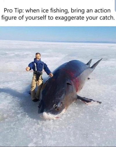 This funny meme demonstrates a clever perspective trick to exaggerate the size of a fishing catch. A small scale action figure of a fisherman is placed next to a large dead shark on a frozen icy lake, making the already huge shark look even more massive because the toy stands in for a full-sized human. The top text gives a sarcastic pro tip explaining the trick, poking fun at the well-known trope of fishermen exaggerating the size of their catches when showing off photos.