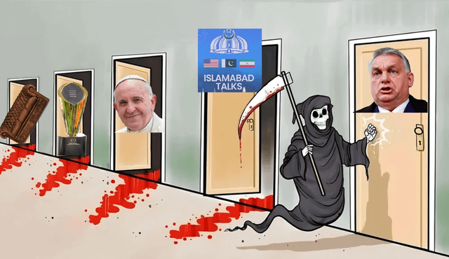 This is a political meme that uses the popular grim reaper knocking on doors trope. A cartoon illustration of the Grim Reaper (personified Death) holding a blood-stained scythe knocks on the rightmost door, behind which Hungarian Prime Minister Viktor Orbán's headshot is placed. A long trail of blood leads from the far left through all previous open doors, implying Death has already killed or ended whatever was behind each earlier door: the first holds an ancient scroll (referencing the damaged Dead Sea Scrolls from a recent fire incident), the second holds an achievement trophy, the third holds a headshot of Pope Francis, and the fourth references the Islamabad Talks between the US, Pakistan, and Iran that Death has already ended. The meme implies 'JD' is responsible for this string of endings, and is now coming for Viktor Orbán next.