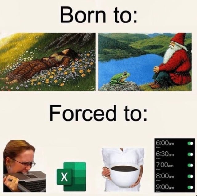 A four-panel meme contrasting idealized life aspirations with mundane reality. The top section labeled 'Born to:' shows two idyllic scenes: a person peacefully lying in a field of flowers and a gnome-like figure sitting contemplatively by a lake with a frog. The bottom section labeled 'Forced to:' shows three stressful/obligatory images: a frustrated woman yelling at a laptop, the Microsoft Excel logo, a person holding an oversized coffee cup, and an alarm clock schedule starting at 6:00am. The meme humorously illustrates the contrast between向往的田园生活 and the daily grind of modern work life.