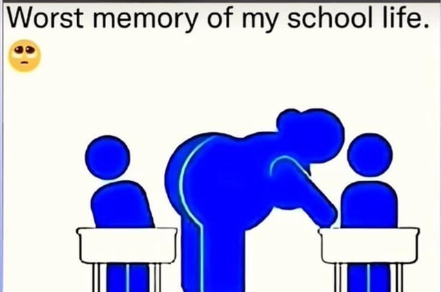 The meme features the text 'Worst memory of my school life.' at the top left, next to a yellow pleading/sad emoji with large watery eyes. Below the text, three simplified blue stick figure characters are depicted: two smaller student figures are seated at individual school desks, while a larger taller figure representing a teacher is leaning far over the right student's shoulder to observe their work. The visual references the extremely common, stressful shared experience of students having a teacher loom over them unannounced during class work, assignments, or exams, which many people recall as an unpleasant, anxiety-inducing part of their schooling.