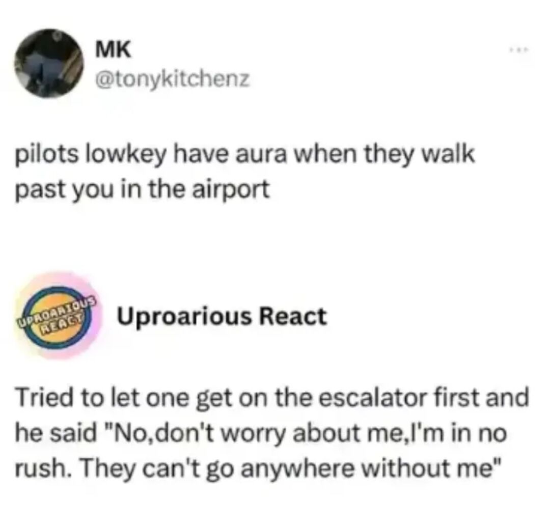This image is a screenshot of two consecutive X (formerly Twitter) posts about the perceived confident aura of pilots in airports. The first post, from user MK with handle @tonykitchenz, observes that pilots have a subtle, impressive aura when they walk past people in airports. The second post, from the account Uproarious React, shares a personal anecdote that supports this observation: the poster tried to let a pilot board an escalator first, and the pilot joked that he was in no hurry because the plane cannot depart without him. The meme leans into the common stereotype of pilots being calm, self-assured, and slightly cocky for humorous effect.