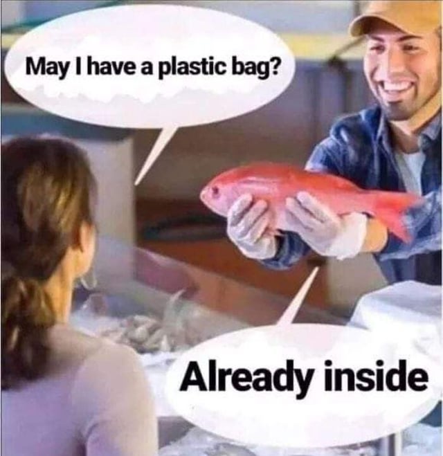 A meme featuring a customer at a fish counter and a fishmonger. The customer, with her back to the viewer, asks, 'May I have a plastic bag?' via a speech bubble. The fishmonger, smiling and holding a red fish with gloved hands, responds with 'Already inside' in another speech bubble. The joke plays on the double meaning of 'plastic bag'—the customer wants a bag for the fish, while the fishmonger implies the fish is already 'inside' a plastic bag (referencing plastic pollution in oceans where marine life often encounters plastic waste).