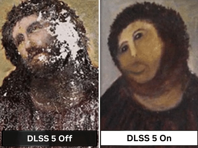 This two-panel meme parodies NVIDIA's DLSS (Deep Learning Super Sampling) technology by comparing it to the infamous 2012 botched restoration of the *Ecce Homo* fresco in Borja, Spain. 

- Left Panel: Shows the original, weathered fresco of Jesus with peeling paint, labeled **DLSS 5 Off** — representing the 'unprocessed' but damaged original image. 
- Right Panel: Displays the widely mocked, poorly restored version of the fresco, featuring a distorted, cartoonish face, labeled **DLSS 5 On**. 

The joke is a sarcastic take on how some AI-powered image processing tools (like DLSS) can over-smooth or distort content, resulting in a lower-quality, unnatural appearance—framing the botched restoration as an extreme example of 'over-processing' that mimics the potential downsides of such technology.