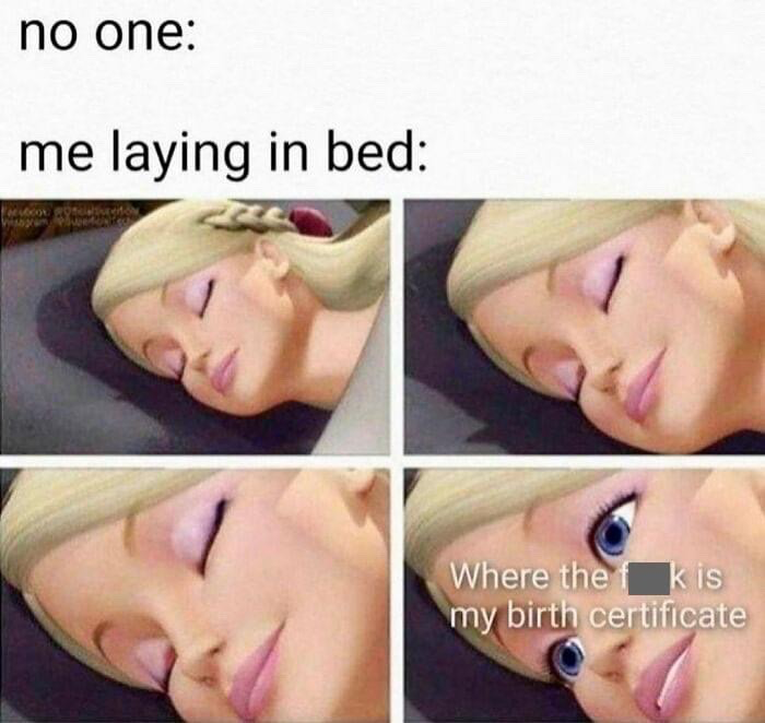 This 4-panel relatable meme uses a 3D animated Barbie character from old Barbie films. The opening text follows the classic 'no one:' meme setup, followed by 'me laying in bed:'. The first three panels show Barbie lying peacefully in bed with her eyes closed, appearing asleep and relaxed. The fourth panel zooms in on Barbie as her eyes suddenly snap wide open in alertness, with the accompanying text 'Where the f[redacted]k is my birth certificate'. The meme humorously depicts the common relatable experience of attempting to fall asleep when an unprompted, random, bizarrely urgent thought pops into your head and jolts you awake for no reason.
