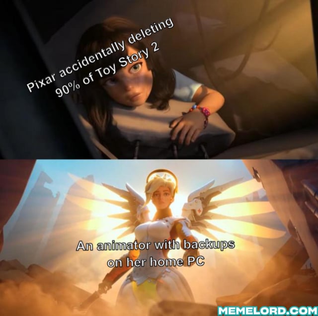 A two-panel meme contrasting data loss disaster with backup heroism. Top panel: A worried animated child character (likely from a Pixar film) with the text 'Pixar accidentally deleting 90% of Toy Story 2,' referencing the real incident where Pixar nearly lost most of Toy Story 2 during production. Bottom panel: A radiant, winged character (Mercy from the game Overwatch) with the text 'An animator with backups on her home PC,' portraying the animator as a heroic savior for having backups. The meme humorously emphasizes the importance of data backups through this contrast.