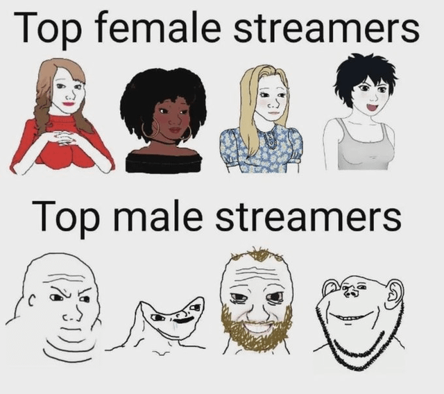 This meme is a two-part comparison chart. The top section is labeled "Top female streamers" and features four diverse, neatly drawn, conventionally attractive female characters of different ethnicities, all presented as polished and appealing. The bottom section is labeled "Top male streamers" and features four unflattering, crudely drawn Wojak-style meme characters, including an angry bald figure, a smug alien, a tired bearded man, and a grinning monkey, all depicted as messy, odd, or unattractive. The joke satirizes the double standard in streaming culture: female streamers are largely expected to meet strict conventional beauty standards to gain popularity, while male streamers can achieve mainstream success regardless of their appearance, even if they are unkempt or have unconventional looks. The original title of the post, "Cause there are more male streamers?", is a sarcastic question that mocks the idea that this disparity is accidental rather than driven by unfair gendered expectations.
