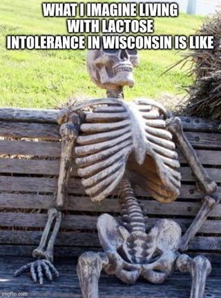 This meme features a weathered plastic skeleton prop slouched casually against the back of a wooden park bench, set against a background of green grass and dry shrubbery. Bold white text is overlaid at the top of the image, reading 'WHAT I IMAGINE LIVING WITH LACTOSE INTOLERANCE IN WISCONSIN IS LIKE'. The humorous premise relies on the fact that Wisconsin is widely known as the 'Cheese State', with dairy products forming a core part of its local culture and cuisine, so a lactose intolerant person living there is humorously depicted as having wasted away to nothing but a skeleton due to being unable to eat most of the local iconic food.