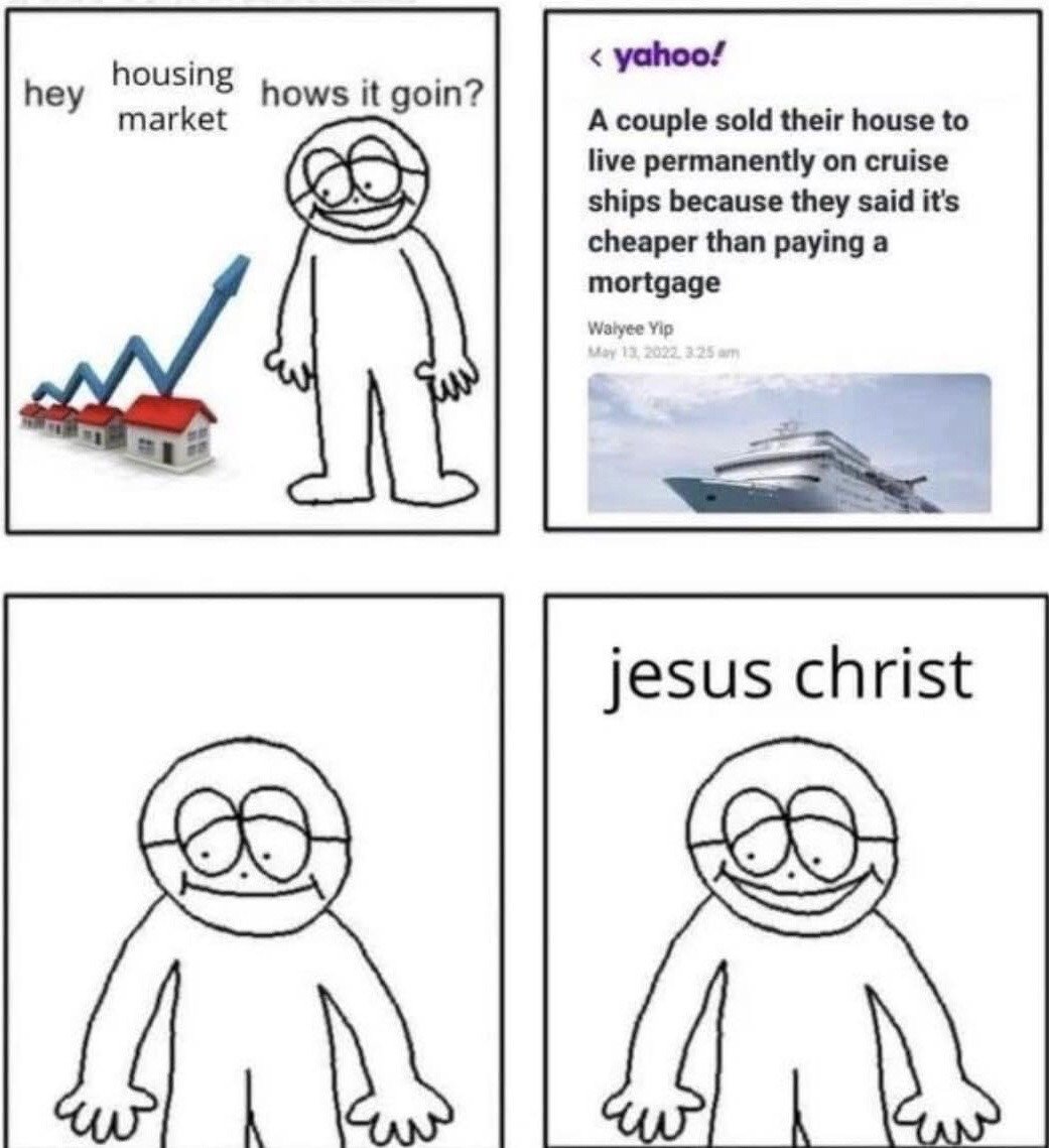 This is a 4-panel reaction meme commenting on extreme housing unaffordability. The first panel shows a crudely drawn stick figure with a fixed, strained wide smile addressing a graphic of houses under an upward-trending price graph labeled as the housing market, asking "hey housing market hows it goin?". The second panel is a screenshot of a 2022 Yahoo News article, headlined that a couple sold their house to live permanently on cruise ships, as they found it cheaper than paying a mortgage, accompanied by a photo of a cruise ship. The third panel shows the same stick figure still holding the same fixed smile with no text, processing the news. The fourth panel shows the same figure, still with the unchanged forced smile, with the text "jesus christ" above it, conveying shocked, exasperated disbelief at how unaffordable housing has become that living on a cruise ship is a financially sensible alternative.