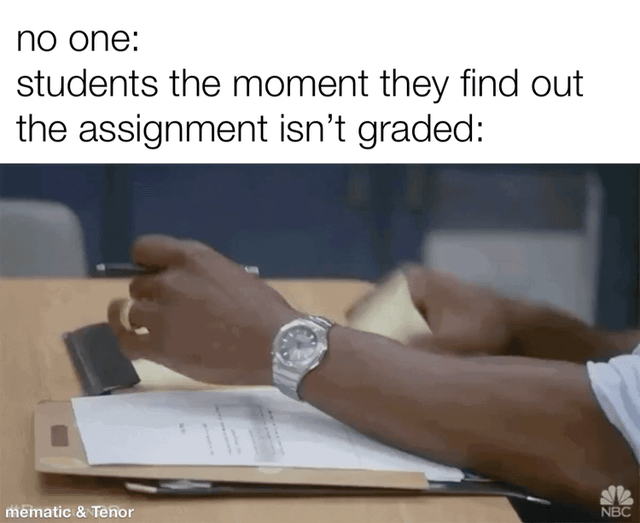 A four-frame meme depicting students' exaggerated reaction upon learning an assignment isn't graded. The top text of each frame reads 'no one:' followed by 'students the moment they find out the assignment isn’t graded:'. The visual sequence shows a bald man in a white shirt, tie, and suspenders in an office, aggressively crumpling and throwing papers, humorously representing students' relief and lack of concern once the assignment's grading status is revoked.