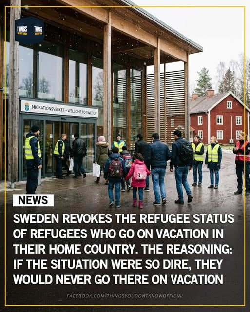 The image depicts a group of people, including security personnel in yellow vests and families with children, gathered outside a building labeled 'MIGRATIONSVERKET - WELCOME TO SWEDEN'. The scene is set on a rainy day with traditional Swedish-style red wooden buildings in the background. Overlaid on the image is a prominent news headline stating: 'SWEDEN REVOKES THE REFUGEE STATUS OF REFUGEES WHO GO ON VACATION IN THEIR HOME COUNTRY. THE REASONING: IF THE SITUATION WERE SO DIRE, THEY WOULD NEVER GO THERE ON VACATION'. A watermark at the bottom of the image reads 'FACEBOOK.COM/THINGSYOUDONTKNOWOFFICIAL'.